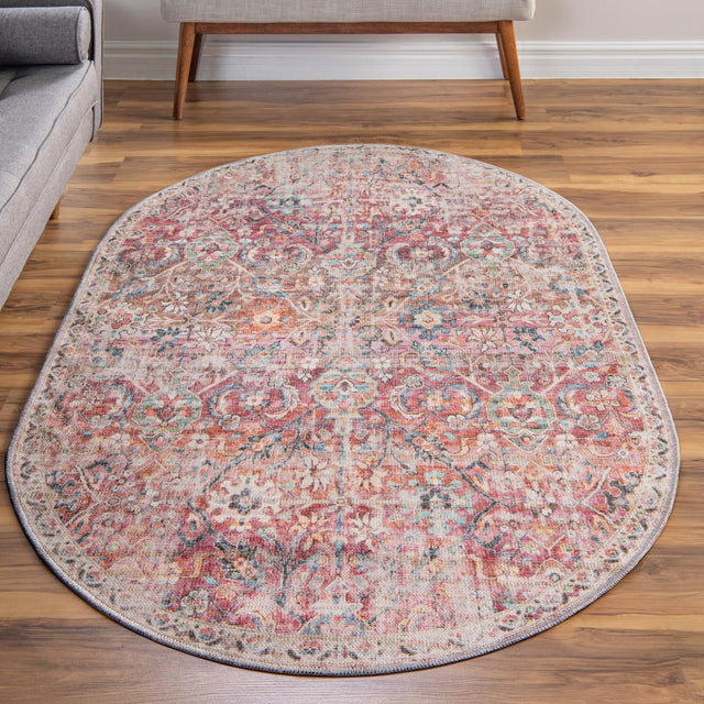 Washable Ivory and Pink 7' 10 x 10' Nostalgia Oval Area Rug Easy to Clean Stain Resistant & Durable Polyester Chenille Vintage Distressed Carpet for Sale at Rug Engine