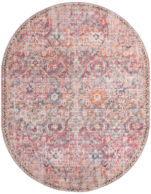 Washable Ivory and Pink 7' 10 x 10' Nostalgia Oval Area Rug Easy to Clean Stain Resistant & Durable Polyester Chenille Vintage Distressed Carpet for Sale at Rug Engine