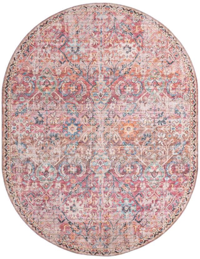 Washable Ivory and Pink 7' 10 x 10' Nostalgia Oval Area Rug Easy to Clean Stain Resistant & Durable Polyester Chenille Vintage Distressed Carpet for Sale at Rug Engine