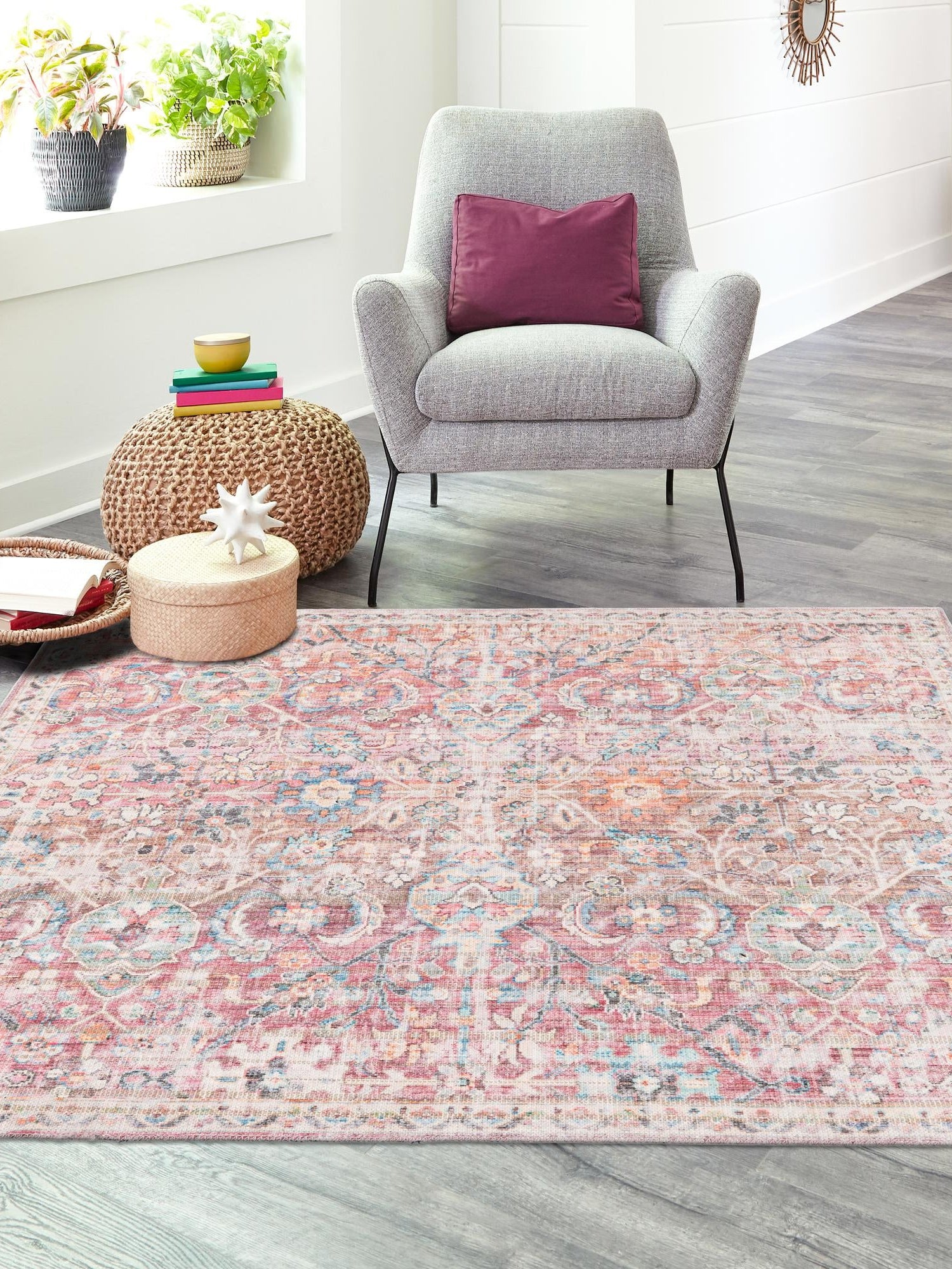 Washable Ivory and Pink 7' 3 x 7' 3 Nostalgia Square Area Rug Easy to Clean Stain Resistant & Durable Polyester Chenille Vintage Distressed Carpet for Sale at Rug Engine