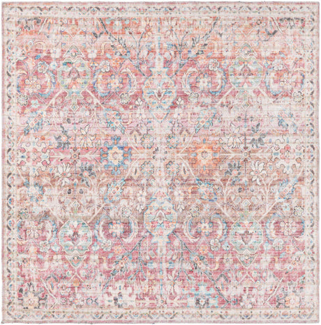 Washable Ivory and Pink 5' 3 x 5' 3 Nostalgia Square Area Rug Easy to Clean Stain Resistant & Durable Polyester Chenille Vintage Distressed Carpet for Sale at Rug Engine
