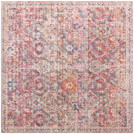 Washable Ivory and Pink 7' 3 x 7' 3 Nostalgia Square Area Rug Easy to Clean Stain Resistant & Durable Polyester Chenille Vintage Distressed Carpet for Sale at Rug Engine