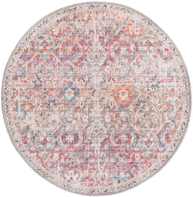 Washable Ivory and Pink 3' 3 x 3' 3 Nostalgia Round Area Rug Easy to Clean Stain Resistant & Durable Polyester Chenille Vintage Distressed Carpet for Sale at Rug Engine