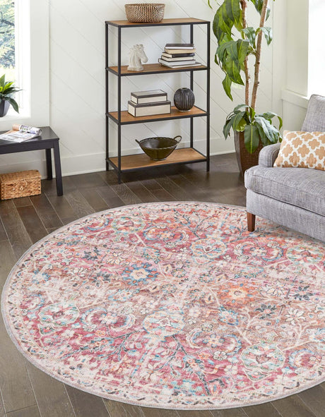 Washable Ivory and Pink 3' 3 x 3' 3 Nostalgia Round Area Rug Easy to Clean Stain Resistant & Durable Polyester Chenille Vintage Distressed Carpet for Sale at Rug Engine