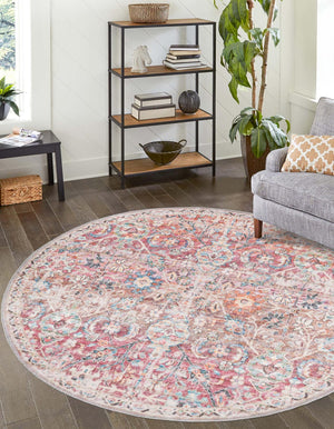 Washable Ivory and Pink 7' 10 x 7' 10 Nostalgia Round Area Rug Easy to Clean Stain Resistant & Durable Polyester Chenille Vintage Distressed Carpet for Sale at Rug Engine