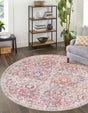 Washable Ivory and Pink 7' 10 x 7' 10 Nostalgia Round Area Rug Easy to Clean Stain Resistant & Durable Polyester Chenille Vintage Distressed Carpet for Sale at Rug Engine
