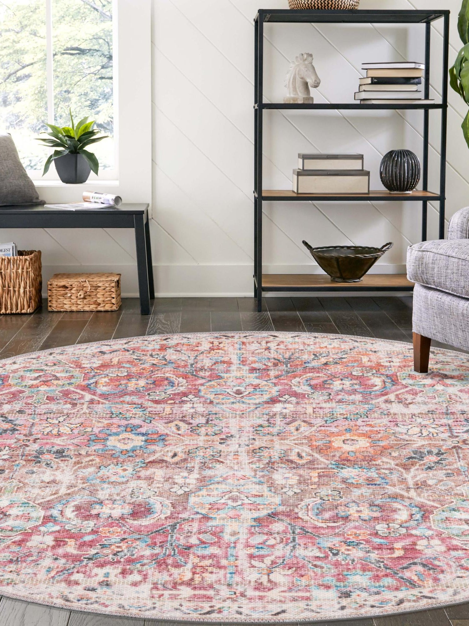 Washable Ivory and Pink 7' 10 x 7' 10 Nostalgia Round Area Rug Easy to Clean Stain Resistant & Durable Polyester Chenille Vintage Distressed Carpet for Sale at Rug Engine