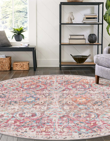 Washable Ivory and Pink 3' 3 x 3' 3 Nostalgia Round Area Rug Easy to Clean Stain Resistant & Durable Polyester Chenille Vintage Distressed Carpet for Sale at Rug Engine