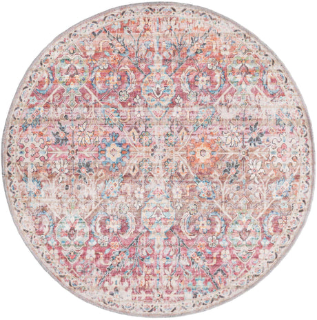 Washable Ivory and Pink 4' 1 x 4' 1 Nostalgia Round Area Rug Easy to Clean Stain Resistant & Durable Polyester Chenille Vintage Distressed Carpet for Sale at Rug Engine