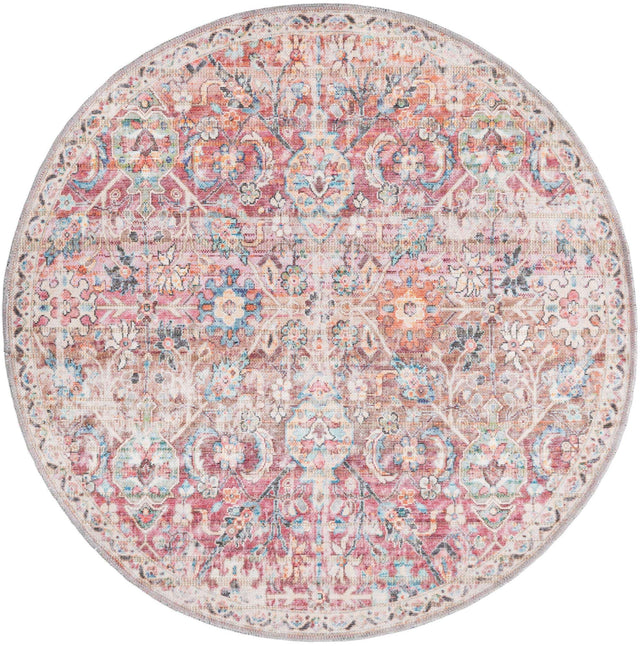 Washable Ivory and Pink 4' 1 x 4' 1 Nostalgia Round Area Rug Easy to Clean Stain Resistant & Durable Polyester Chenille Vintage Distressed Carpet for Sale at Rug Engine