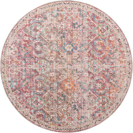 Washable Ivory and Pink 7' 10 x 7' 10 Nostalgia Round Area Rug Easy to Clean Stain Resistant & Durable Polyester Chenille Vintage Distressed Carpet for Sale at Rug Engine
