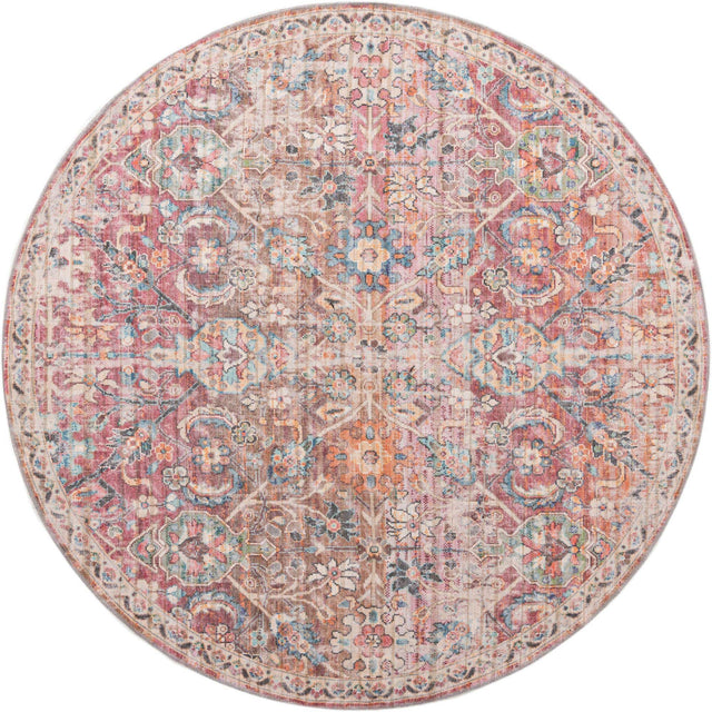 Washable Ivory and Pink 7' 10 x 7' 10 Nostalgia Round Area Rug Easy to Clean Stain Resistant & Durable Polyester Chenille Vintage Distressed Carpet for Sale at Rug Engine