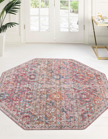 Washable Ivory and Pink 7' 10 x 7' 10 Nostalgia Octagon Area Rug Easy to Clean Stain Resistant & Durable Polyester Chenille Vintage Distressed Carpet for Sale at Rug Engine