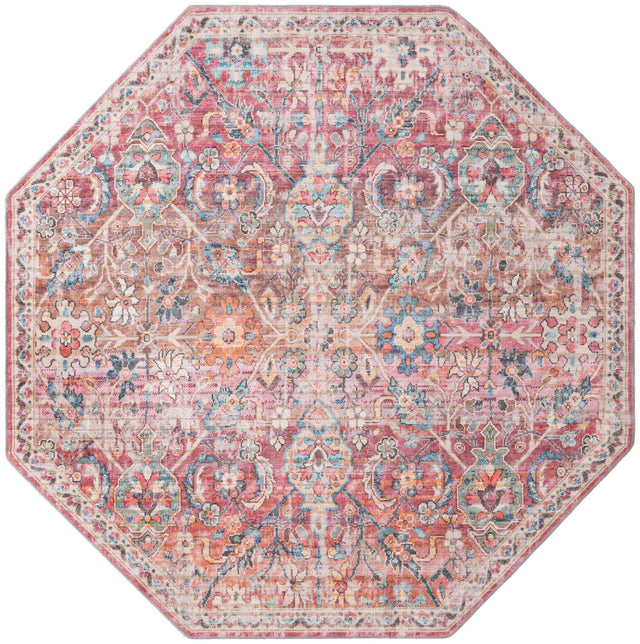 Washable Ivory and Pink 7' 10 x 7' 10 Nostalgia Octagon Area Rug Easy to Clean Stain Resistant & Durable Polyester Chenille Vintage Distressed Carpet for Sale at Rug Engine
