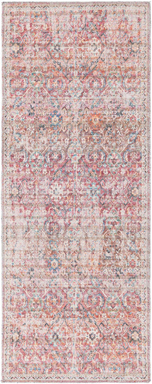 Washable Ivory and Pink 2' x 5' 1 Nostalgia Runner Area Rug Easy to Clean Stain Resistant & Durable Polyester Chenille Vintage Distressed Carpet for Sale at Rug Engine
