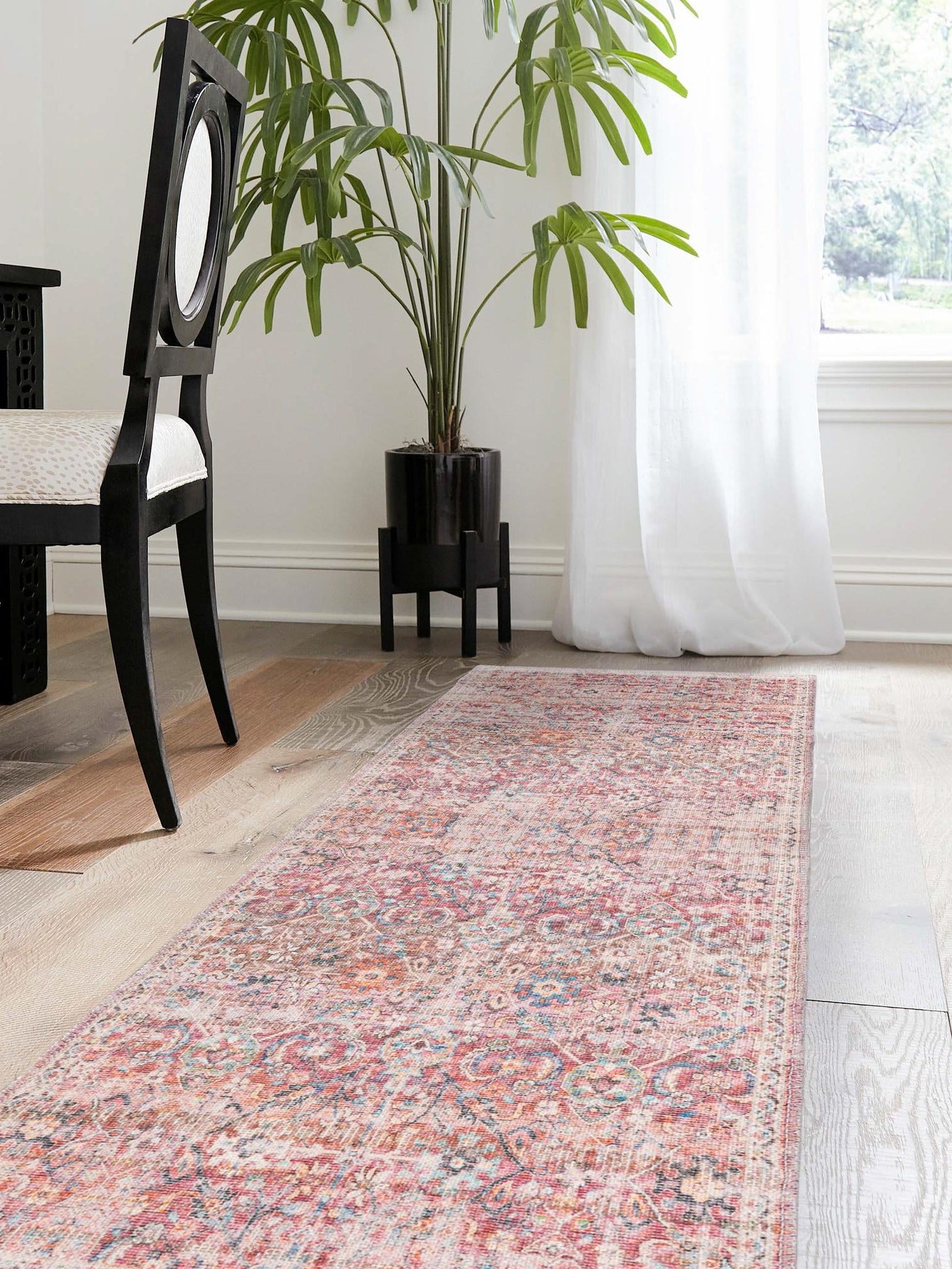 Washable Ivory and Pink 2' x 6' 1 Nostalgia Runner Area Rug Easy to Clean Stain Resistant & Durable Polyester Chenille Vintage Distressed Carpet for Sale at Rug Engine