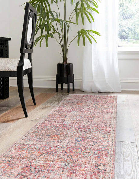 Washable Ivory and Pink 2' 7 x 14' 1 Nostalgia Runner Area Rug Easy to Clean Stain Resistant & Durable Polyester Chenille Vintage Distressed Carpet for Sale at Rug Engine