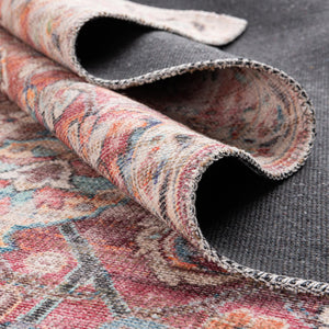 Washable Ivory and Pink 2' x 5' 1 Nostalgia Runner Area Rug Easy to Clean Stain Resistant & Durable Polyester Chenille Vintage Distressed Carpet for Sale at Rug Engine