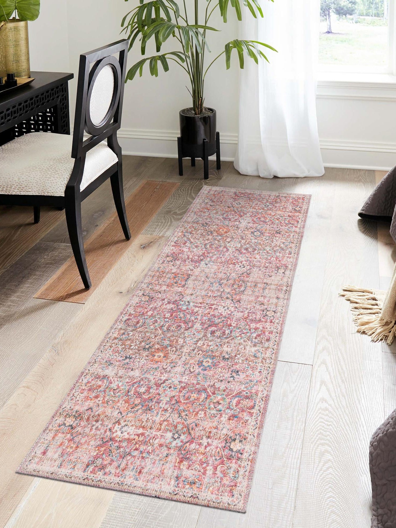 Washable Ivory and Pink 2' x 6' 1 Nostalgia Runner Area Rug Easy to Clean Stain Resistant & Durable Polyester Chenille Vintage Distressed Carpet for Sale at Rug Engine