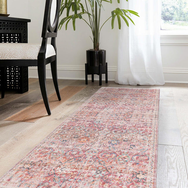 Washable Ivory and Pink 2' x 5' 1 Nostalgia Runner Area Rug Easy to Clean Stain Resistant & Durable Polyester Chenille Vintage Distressed Carpet for Sale at Rug Engine