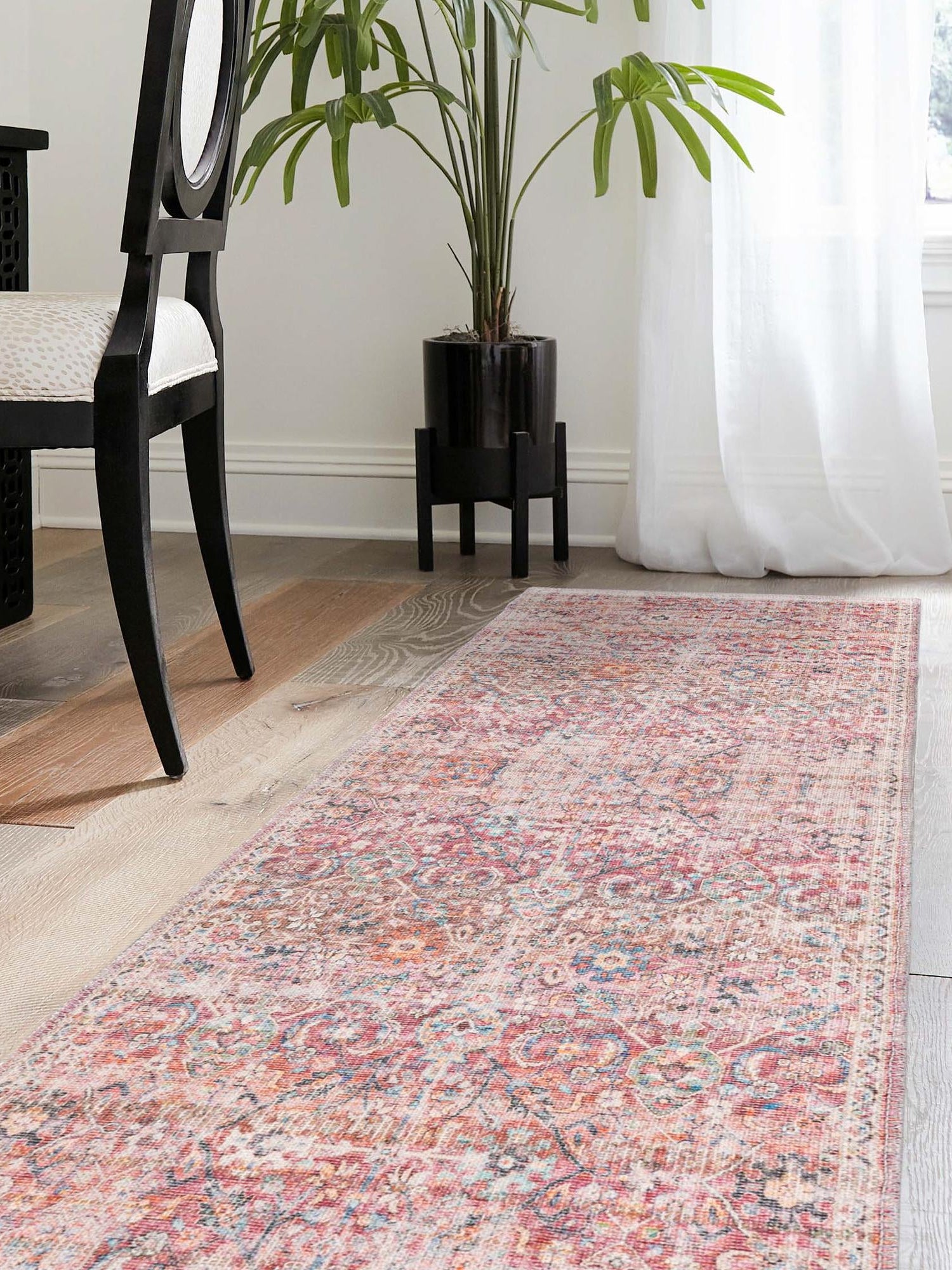 Washable Ivory and Pink 2' x 6' 1 Nostalgia Runner Area Rug Easy to Clean Stain Resistant & Durable Polyester Chenille Vintage Distressed Carpet for Sale at Rug Engine