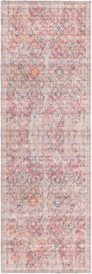 Washable Ivory and Pink 2' x 6' 1 Nostalgia Runner Area Rug Easy to Clean Stain Resistant & Durable Polyester Chenille Vintage Distressed Carpet for Sale at Rug Engine