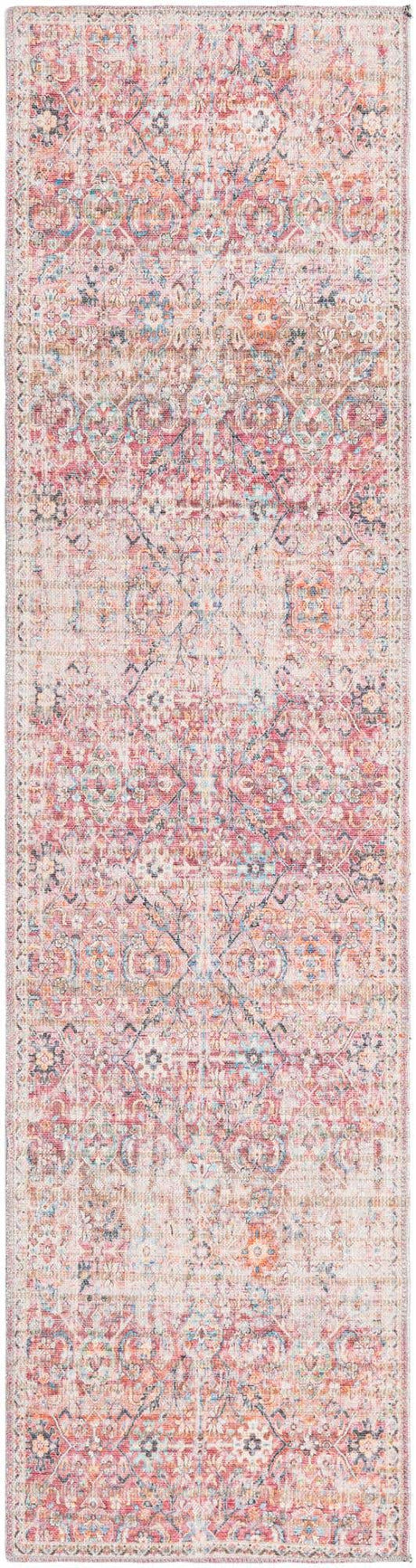 Washable Ivory and Pink 2' x 8' Nostalgia Runner Area Rug Easy to Clean Stain Resistant & Durable Polyester Chenille Vintage Distressed Carpet for Sale at Rug Engine