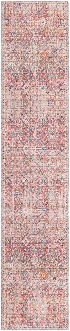 Washable Ivory and Pink 2' x 10' Nostalgia Runner Area Rug Easy to Clean Stain Resistant & Durable Polyester Chenille Vintage Distressed Carpet for Sale at Rug Engine