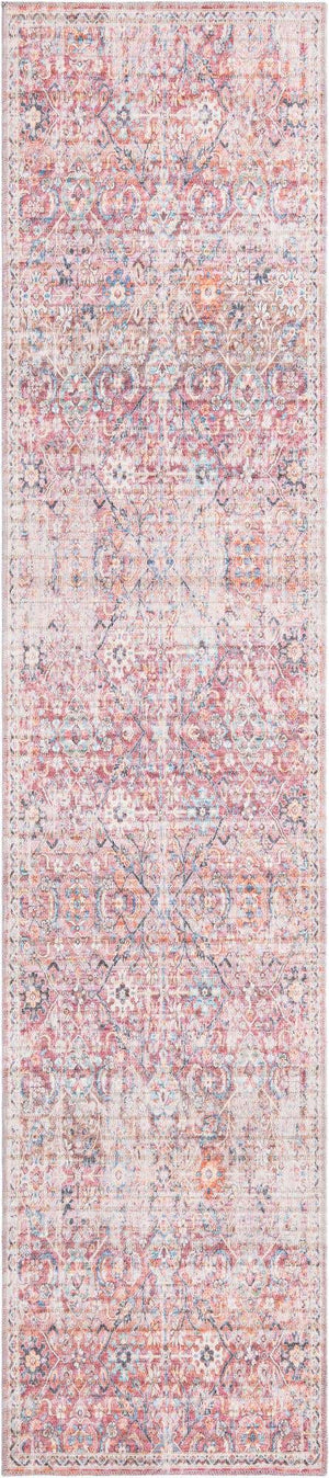 Washable Ivory and Pink 2' 7 x 12' Nostalgia Runner Area Rug Easy to Clean Stain Resistant & Durable Polyester Chenille Vintage Distressed Carpet for Sale at Rug Engine