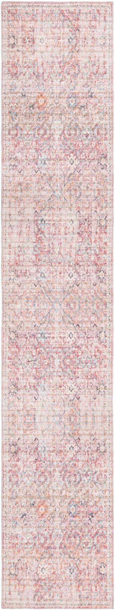 Washable Ivory and Pink 2' 7 x 14' 1 Nostalgia Runner Area Rug Easy to Clean Stain Resistant & Durable Polyester Chenille Vintage Distressed Carpet for Sale at Rug Engine