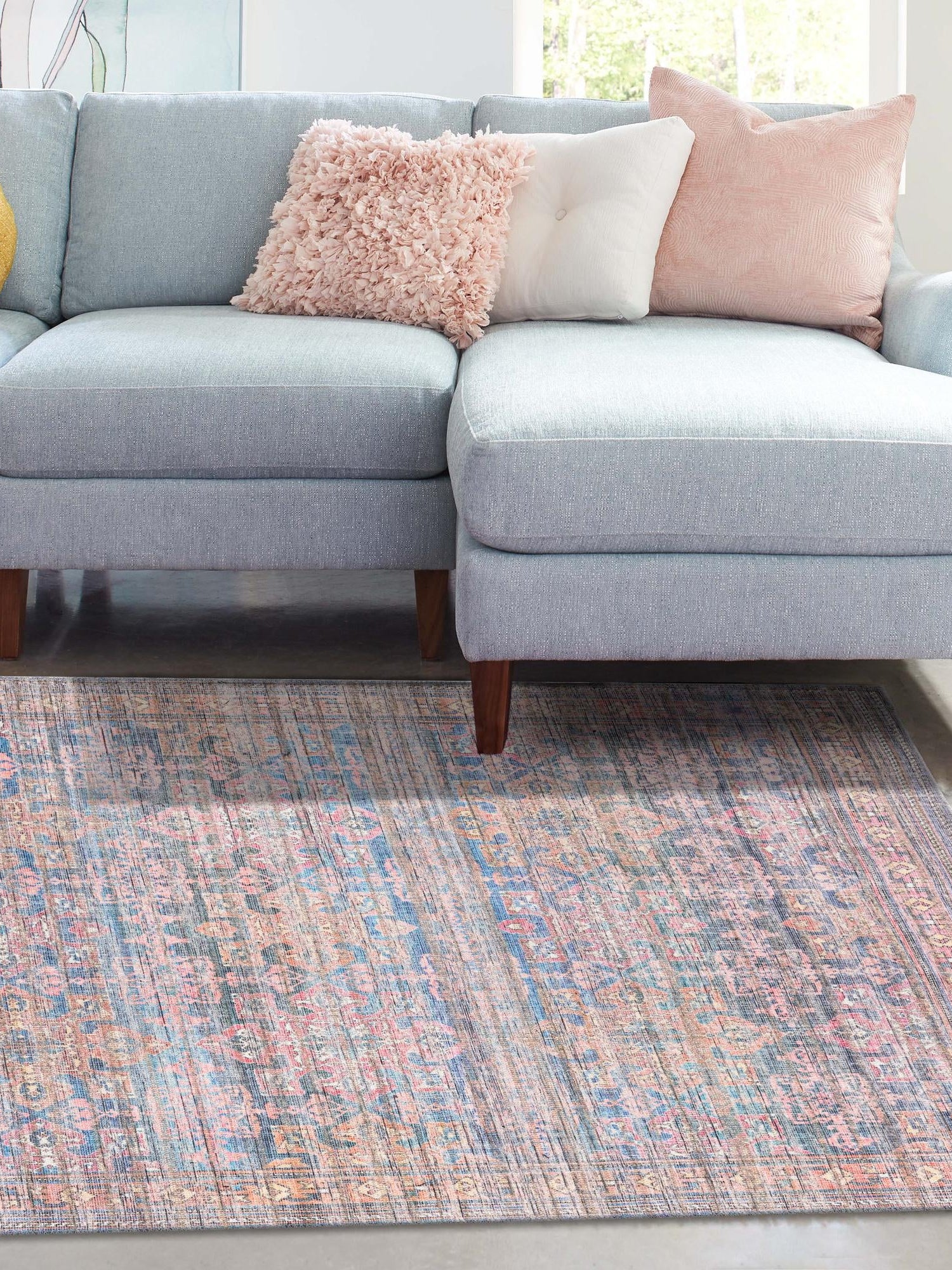 Washable Antique Blue 7' 3 x 10' Nostalgia Rectangle Area Rug Easy to Clean Stain Resistant & Durable Polyester Chenille Vintage Distressed Carpet for Sale at Rug Engine