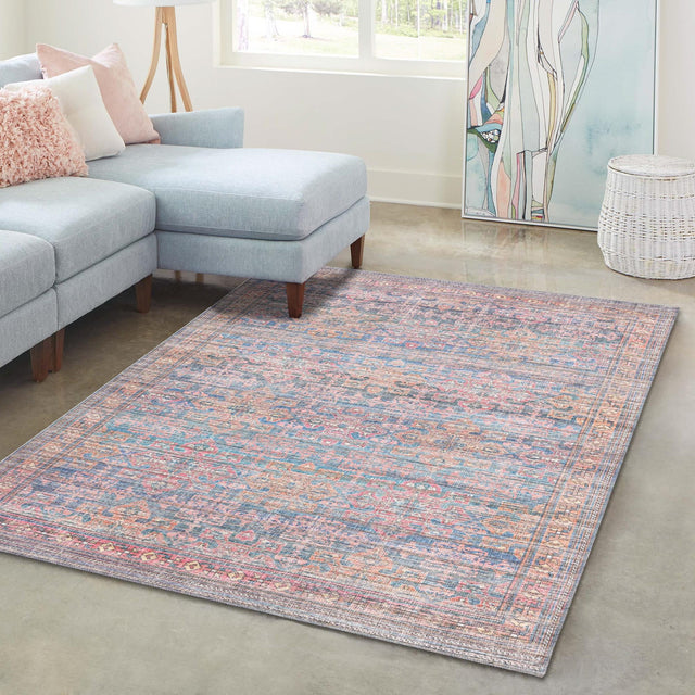 Washable Antique Blue 4' x 6' Nostalgia Washable Rectangle Area Rug Easy to Clean Stain Resistant & Durable Polyester Chenille Vintage Distressed Carpet for Sale at Rug Engine