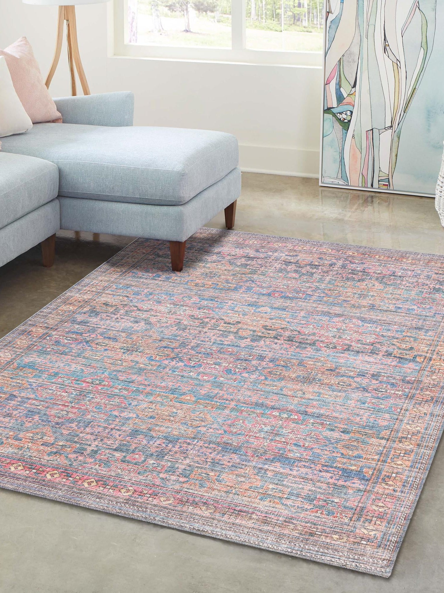 Washable Antique Blue 9' 2 x 12' Nostalgia Rectangle Area Rug Easy to Clean Stain Resistant & Durable Polyester Chenille Vintage Distressed Carpet for Sale at Rug Engine