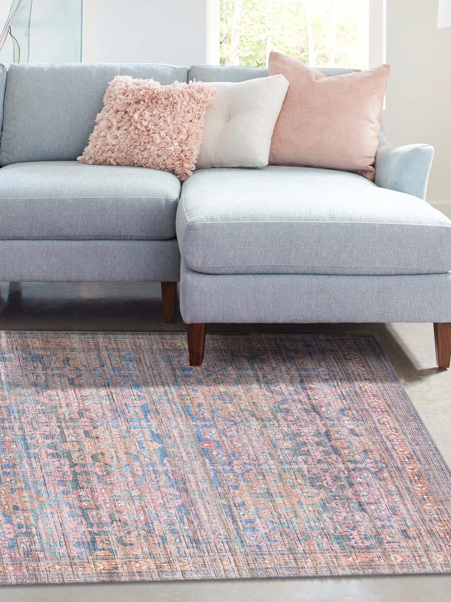 Washable Antique Blue 6' x 9' Nostalgia Washable Rectangle Area Rug Easy to Clean Stain Resistant & Durable Polyester Chenille Vintage Distressed Carpet for Sale at Rug Engine