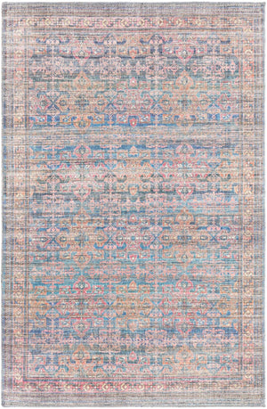 Washable Antique Blue 4' x 6' Nostalgia Washable Rectangle Area Rug Easy to Clean Stain Resistant & Durable Polyester Chenille Vintage Distressed Carpet for Sale at Rug Engine