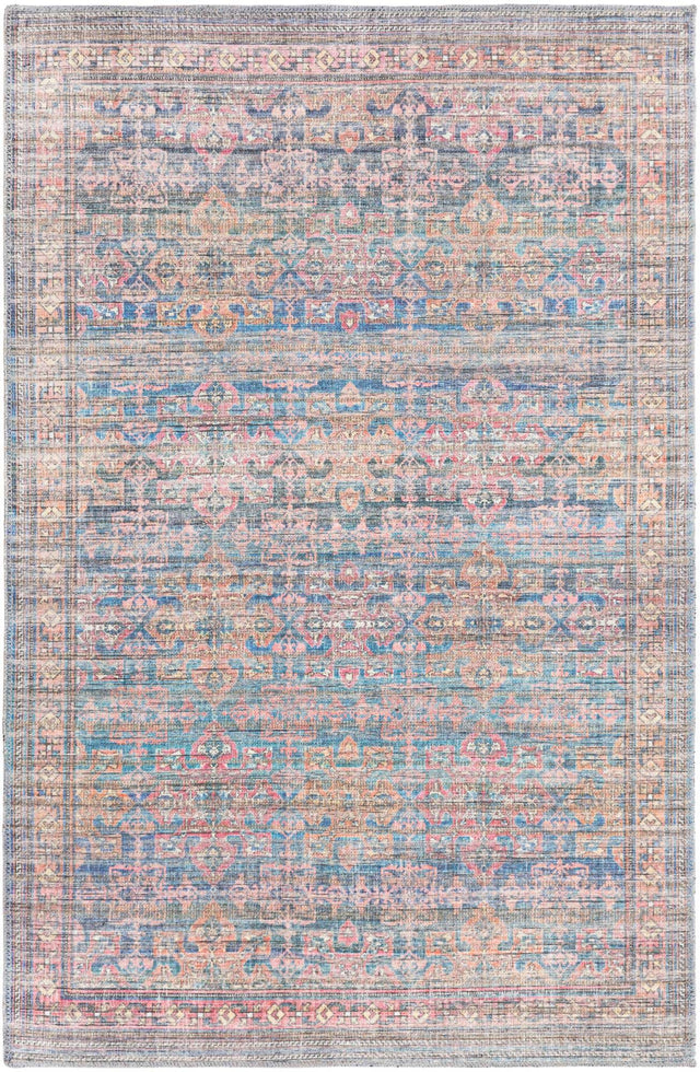 Washable Antique Blue 4' x 6' Nostalgia Washable Rectangle Area Rug Easy to Clean Stain Resistant & Durable Polyester Chenille Vintage Distressed Carpet for Sale at Rug Engine
