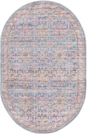 Washable Antique Blue 3' 11 x 6' Nostalgia Oval Area Rug Easy to Clean Stain Resistant & Durable Polyester Chenille Vintage Distressed Carpet for Sale at Rug Engine