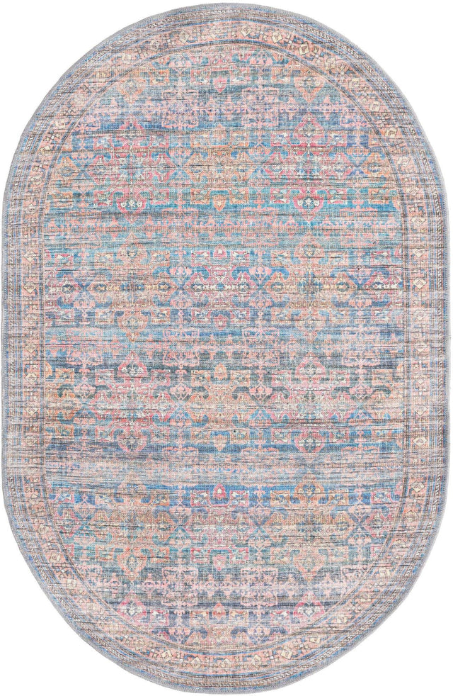 Washable Antique Blue 3' 11 x 6' Nostalgia Oval Area Rug Easy to Clean Stain Resistant & Durable Polyester Chenille Vintage Distressed Carpet for Sale at Rug Engine