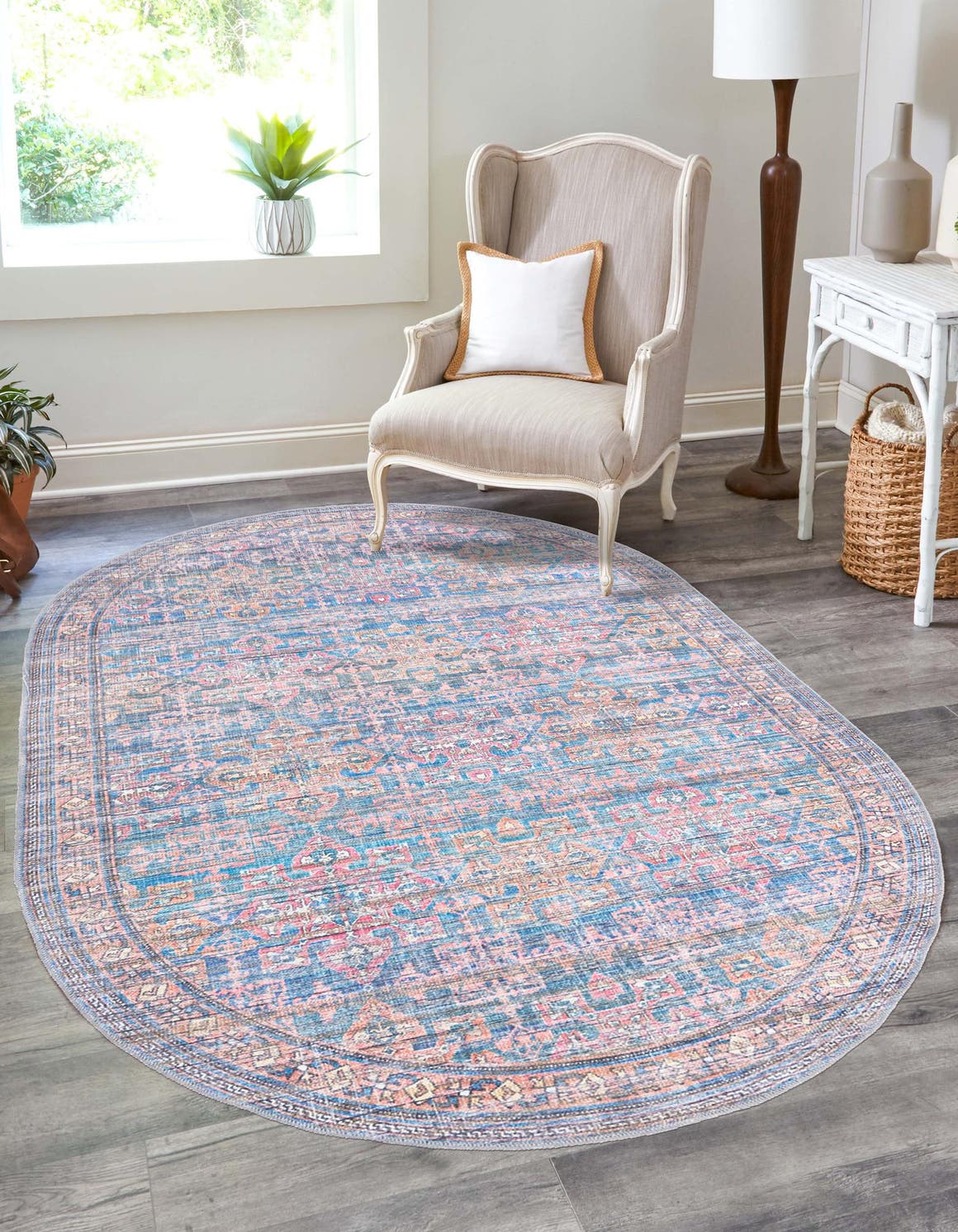 Washable Antique Blue 7' 10 x 10' Nostalgia Oval Area Rug Easy to Clean Stain Resistant & Durable Polyester Chenille Vintage Distressed Carpet for Sale at Rug Engine