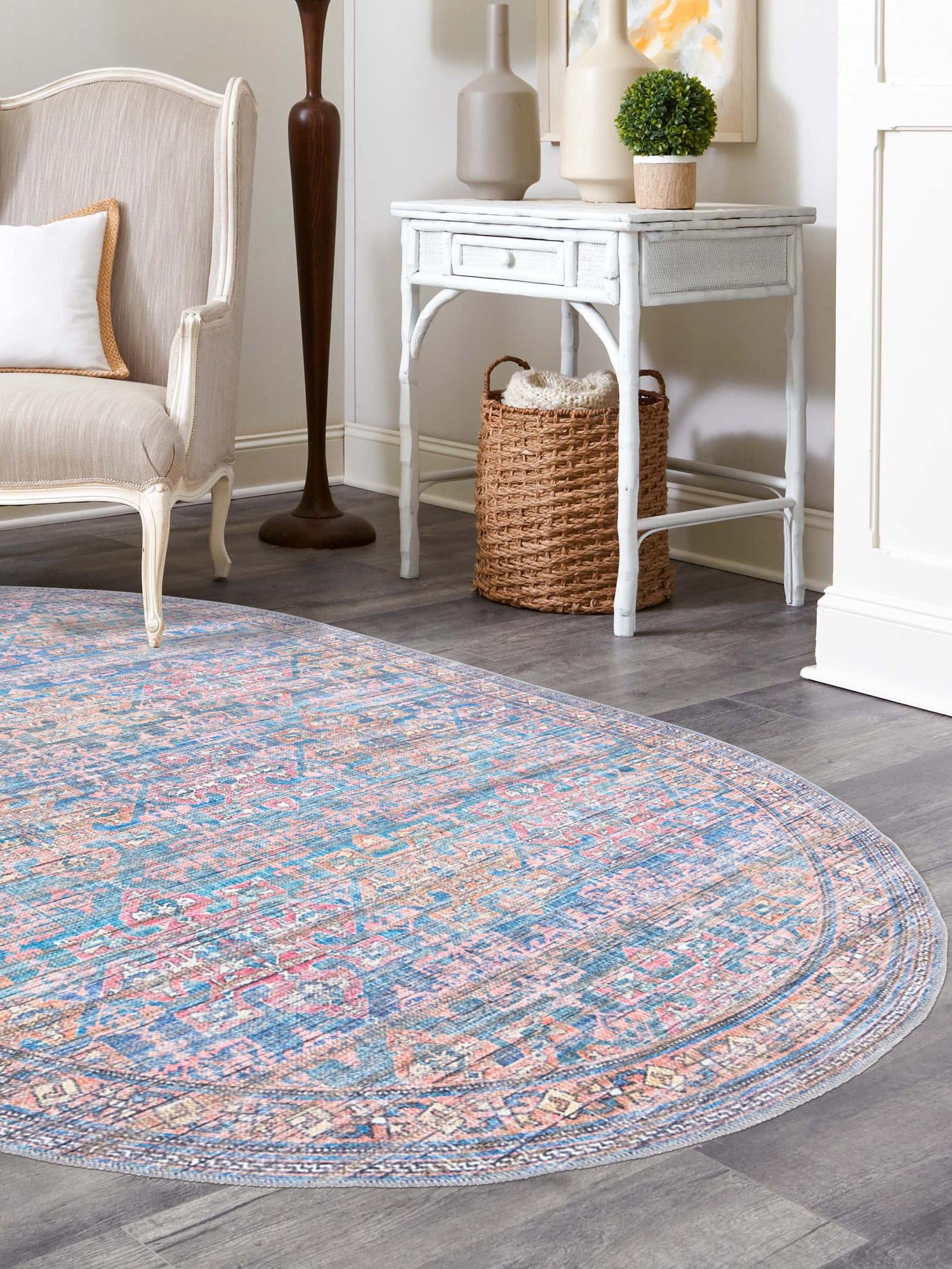 Washable Antique Blue 3' 11 x 6' Nostalgia Oval Area Rug Easy to Clean Stain Resistant & Durable Polyester Chenille Vintage Distressed Carpet for Sale at Rug Engine