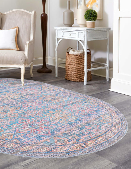 Washable Antique Blue 3' 11 x 6' Nostalgia Oval Area Rug Easy to Clean Stain Resistant & Durable Polyester Chenille Vintage Distressed Carpet for Sale at Rug Engine