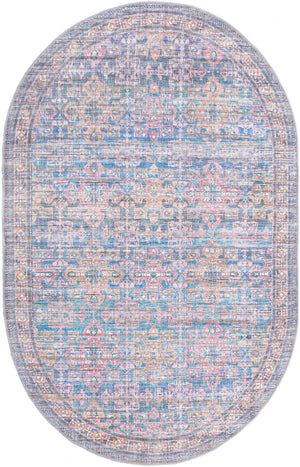 Washable Antique Blue 5' 3 x 8' Nostalgia Oval Area Rug Easy to Clean Stain Resistant & Durable Polyester Chenille Vintage Distressed Carpet for Sale at Rug Engine