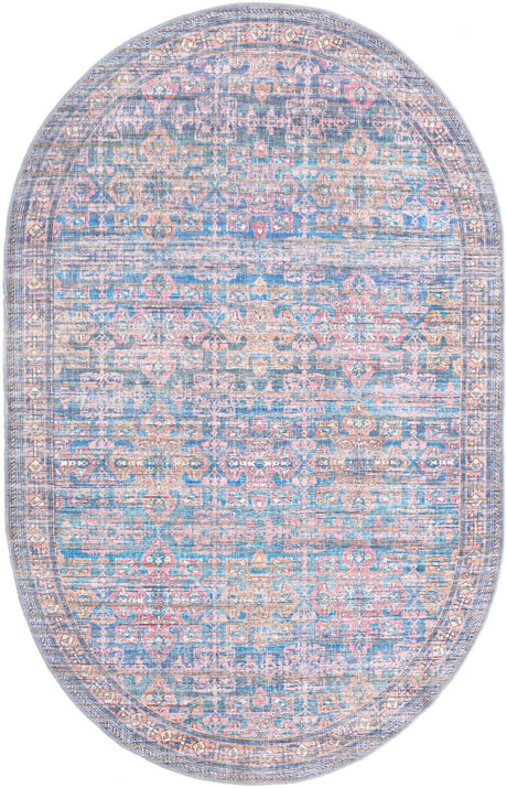 Washable Antique Blue 5' 3 x 8' Nostalgia Oval Area Rug Easy to Clean Stain Resistant & Durable Polyester Chenille Vintage Distressed Carpet for Sale at Rug Engine