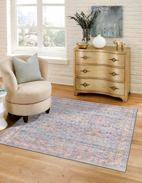 Washable Antique Blue 7' 10 x 7' 10 Nostalgia Square Area Rug Easy to Clean Stain Resistant & Durable Polyester Chenille Vintage Distressed Carpet for Sale at Rug Engine