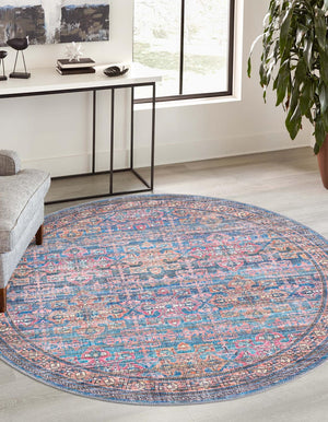 Washable Antique Blue 3' 3 x 3' 3 Nostalgia Round Area Rug Easy to Clean Stain Resistant & Durable Polyester Chenille Vintage Distressed Carpet for Sale at Rug Engine