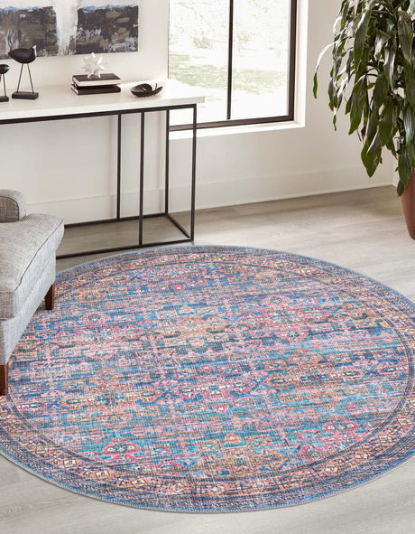 Washable Antique Blue 3' 3 x 3' 3 Nostalgia Round Area Rug Easy to Clean Stain Resistant & Durable Polyester Chenille Vintage Distressed Carpet for Sale at Rug Engine