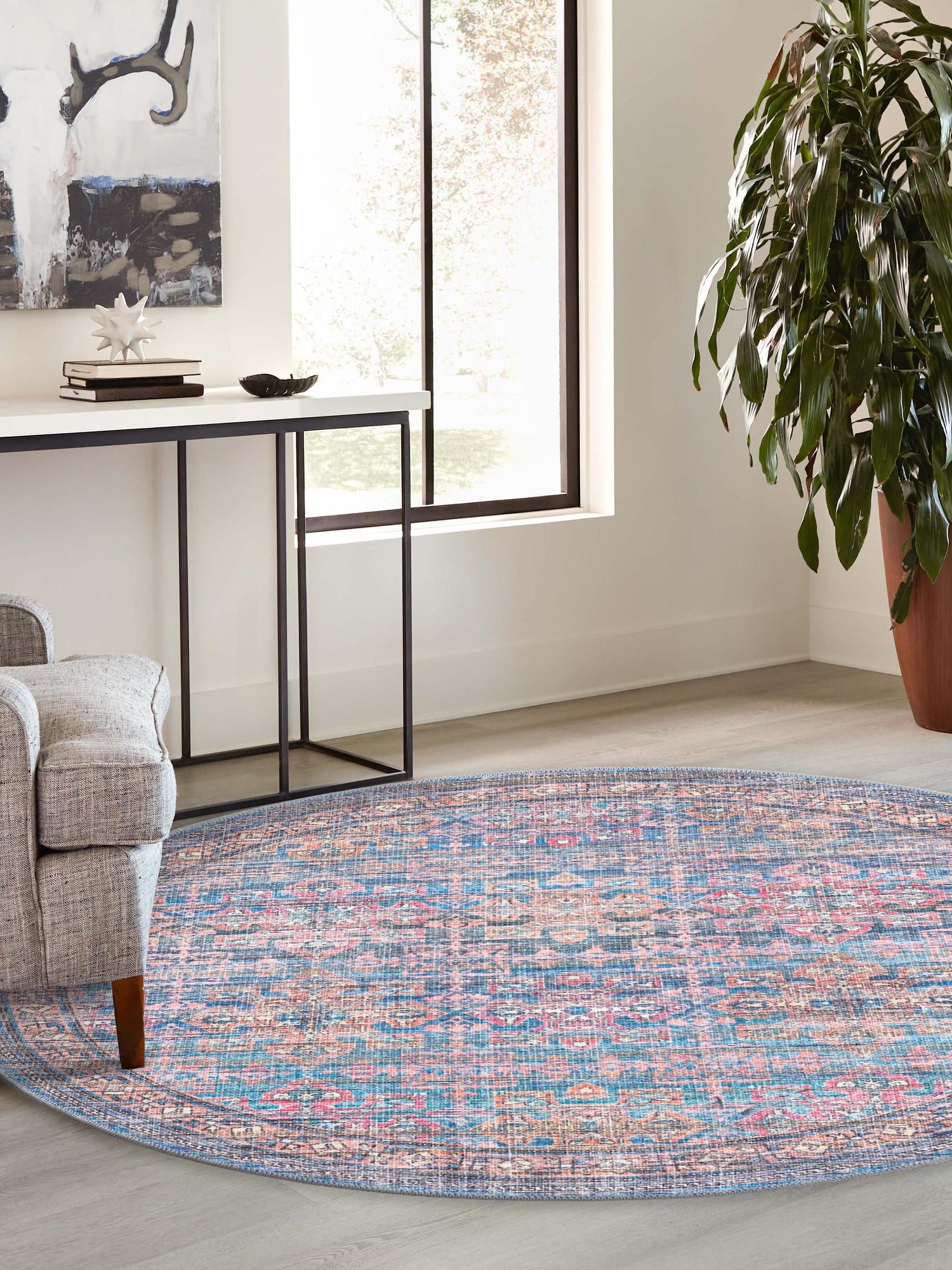 Washable Antique Blue 7' 10 x 7' 10 Nostalgia Round Area Rug Easy to Clean Stain Resistant & Durable Polyester Chenille Vintage Distressed Carpet for Sale at Rug Engine