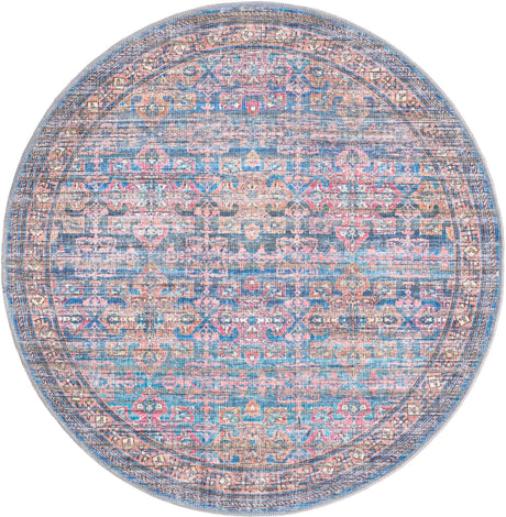 Washable Antique Blue 3' 11 x 3' 11 Nostalgia Round Area Rug Easy to Clean Stain Resistant & Durable Polyester Chenille Vintage Distressed Carpet for Sale at Rug Engine