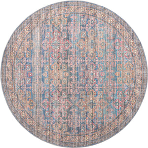 Washable Antique Blue 7' 10 x 7' 10 Nostalgia Round Area Rug Easy to Clean Stain Resistant & Durable Polyester Chenille Vintage Distressed Carpet for Sale at Rug Engine