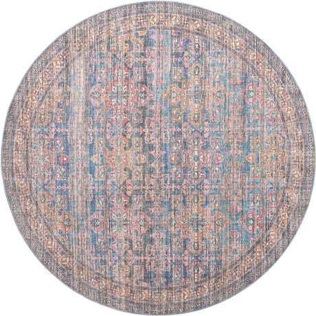Washable Antique Blue 7' 10 x 7' 10 Nostalgia Round Area Rug Easy to Clean Stain Resistant & Durable Polyester Chenille Vintage Distressed Carpet for Sale at Rug Engine